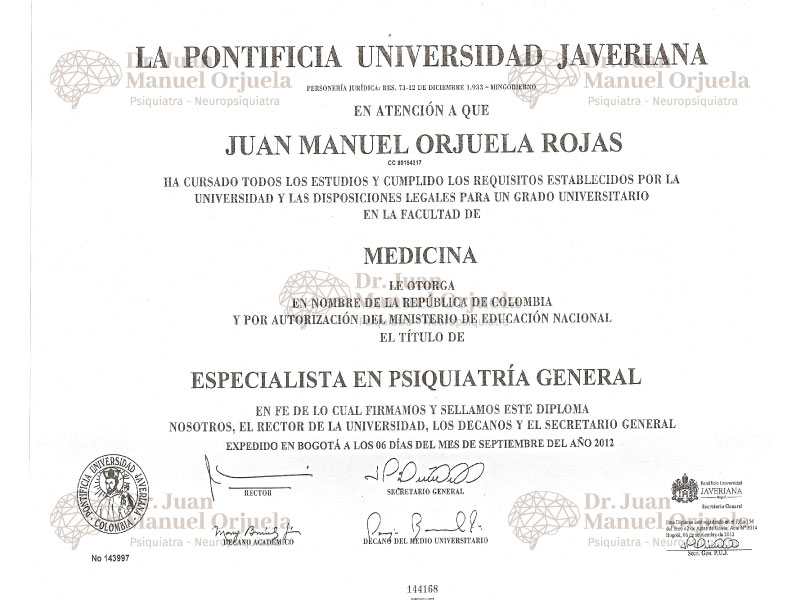 Psiquiatra, Pontificia Universidad Javeriana. Bogotá, Colombia